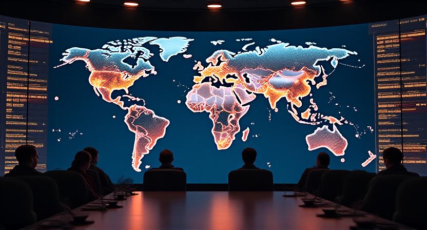 A large screen showing a high-tech global shipping map with real-time data overlays