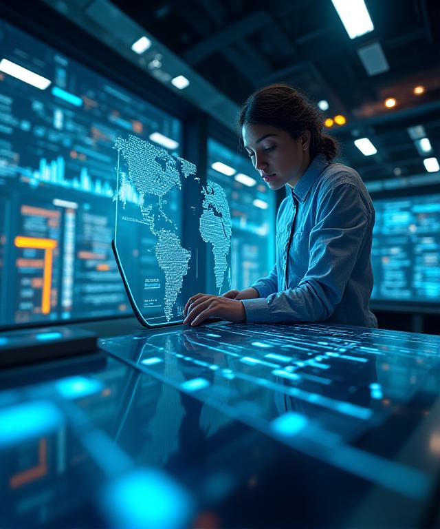 Modern logistics command center with data visualizations