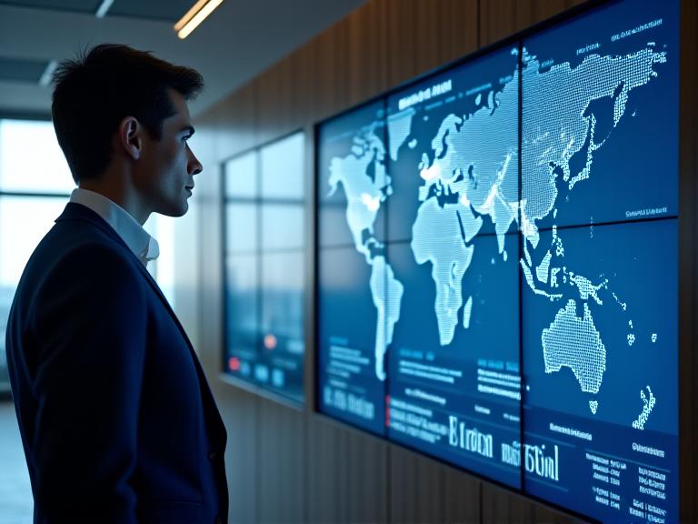 Logistics professional analyzing global supply chain routes on a screen
